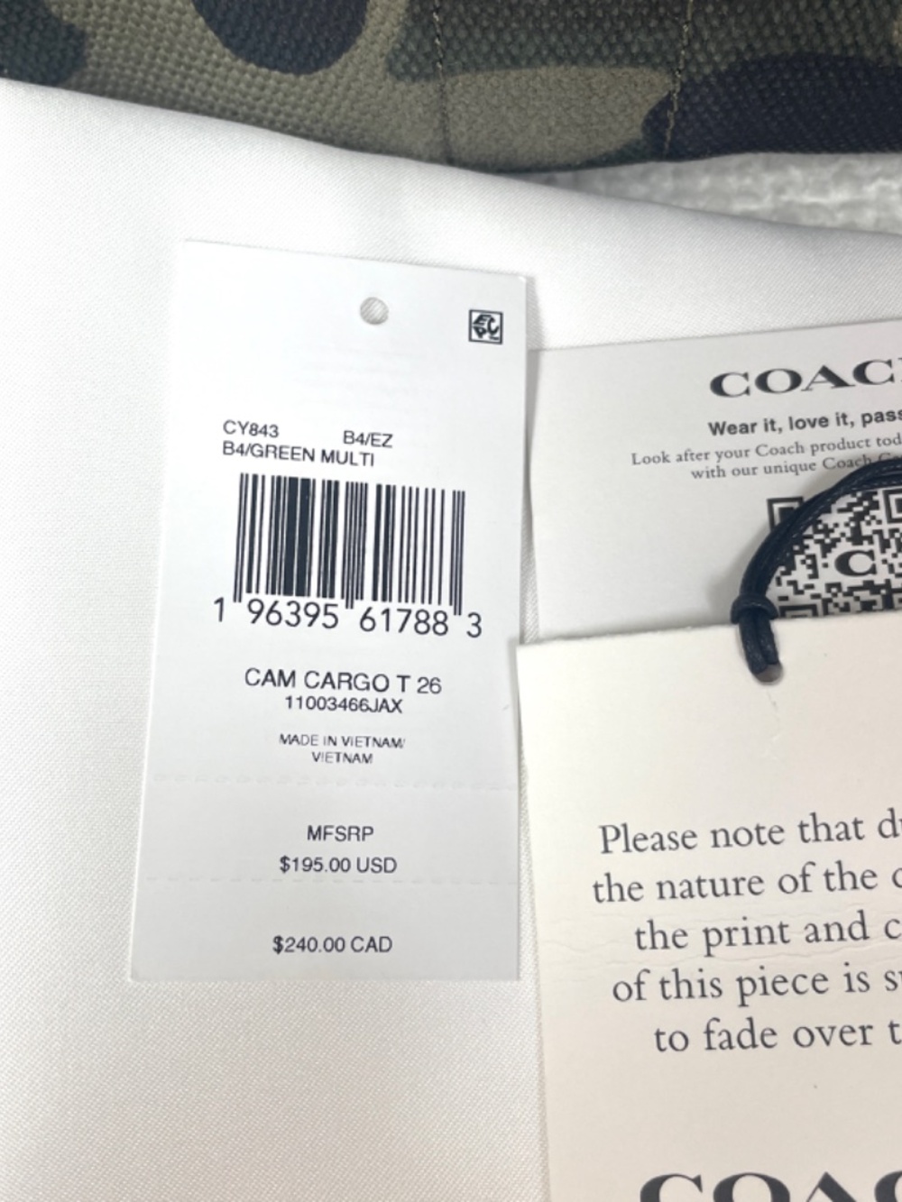 Coach Small Cargo Canvas Tote 26, Camo Green EUC With Tags - Picture 13 of 15